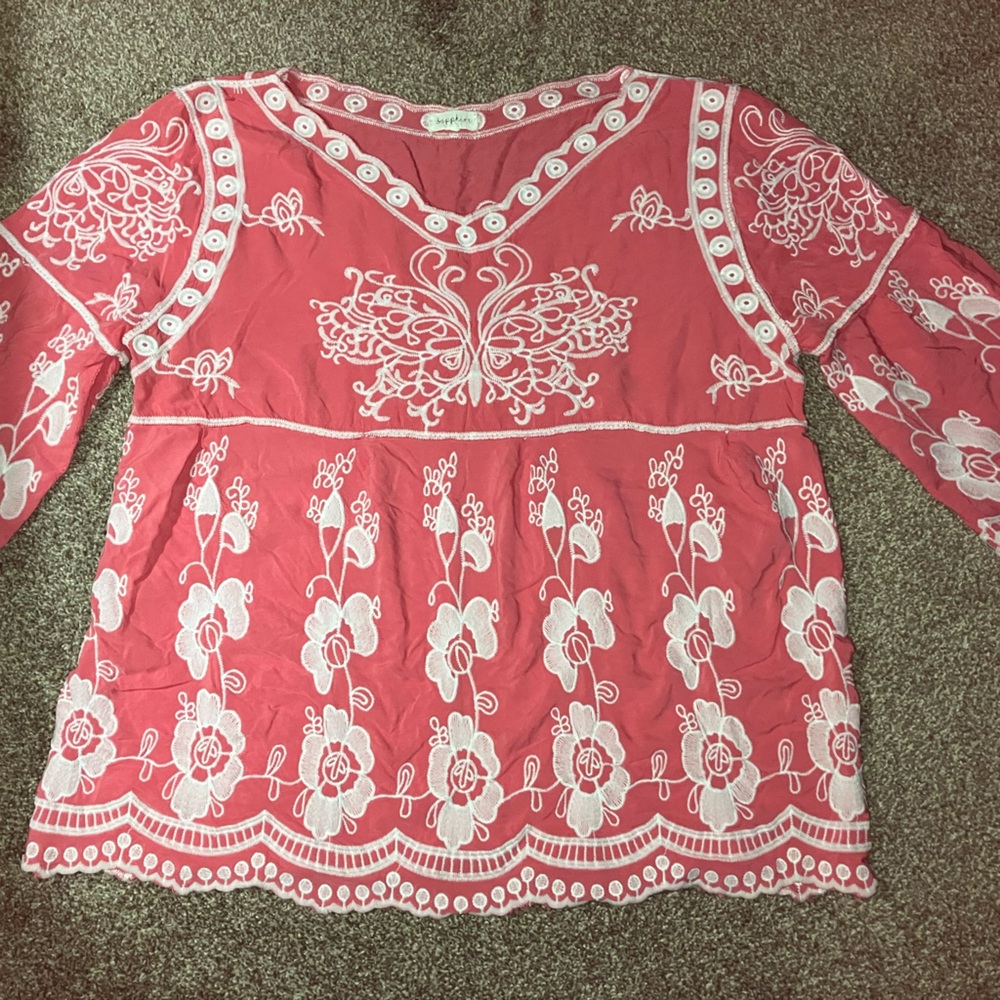 Pink Embellished Peplum Blouse with 3/4 Sleeves